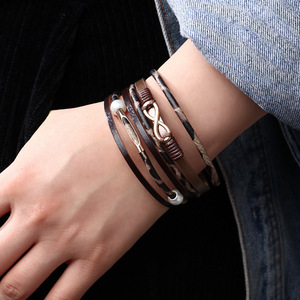 Multi Layered PU Leather <b>Bracelet</b> With Pearl And <b>Infinity</b> Symbol Women's Fashion Bangle Gift Jewelry Black Leopard Print Brown - Product Image 3