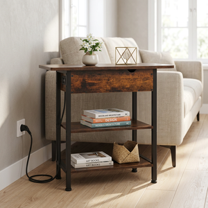 <span class=keywords><strong>Table</strong></span> rustique à 2 niveaux avec ports USB Type-C et prises pour petits espaces, <span class=keywords><strong>table</strong></span> d'appoint en métal noir avec station de charge - Product Image 4