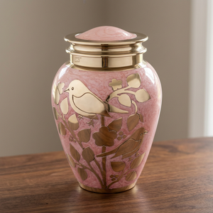 European Pink Silver Blessing Birds Metal Urn Keepsake Funerals Supplies - Indian Home Crafts - Product Image 1