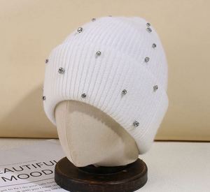 Wholesale Fashion Rabbit Fur Knitted <b>Hats</b> <b>for</b> Women Winter Warm Rhinestone Beaded Embellished Jeweled Beanie With Crystals - Product Image 4