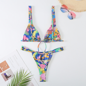 NEW OEM Sexy Solid Color Printing Bandage Backless Two Piece Bikini Beachwear Halter Women <strong>Swimsuit</strong> Custom Ladies Swimwear - Product Image 4