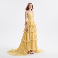 Robe de soirée jaune à volants étagés, bretelles spaghetti, en mousseline plissée, longue, superposée, avec traîne, pour soirée et bal de promo 2026