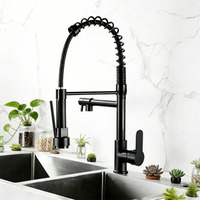 Keran Dapur Stainless Steel Model Tarik Keluar dengan Dua Lubang Keluar Air, Warna Hitam Matte dan Rose Gold, Dilengkapi Spring Spout