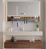 Ensemble de meuble de salle de bain moderne à double couche en dalle de roche, avec miroir LED intégré, résistant à l'eau, à fixation murale, pour lavage des mains