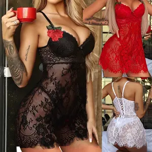 sfy1402 Sex Lingerie Embroidery Lace Night Dress Women's Cross Backless Sexy Perspective Sleepwear chemise femme elegant