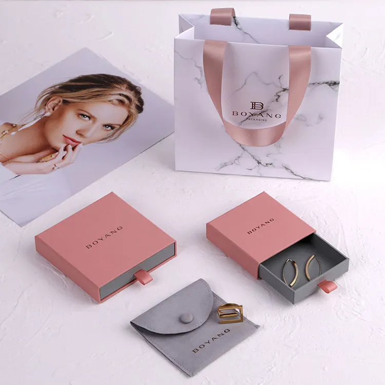 Elegant Custom Logo Pink Paper Jewelry Packaging Box Bracelet Pouch Accessories Gift Ring Box Packaging