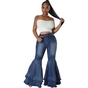 <span class=keywords><strong>Pantalones</strong></span> Vaqueros Anchos de Mezclilla Azul Lavada Elásticos Acampanados de Moda al por Mayor para Mujer - Product Image 1