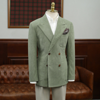 Blazer en velours côtelé vert avocat sur mesure pour homme, croisé, à revers pointus, veste de sport ajustée vert sauge
