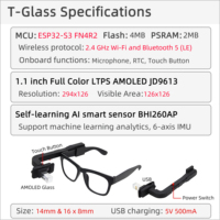 Lunettes intelligentes LILYGO T-Glass avec processeur ESP32-S3 + écran AMOLED de 1,1 pouce, capteur IA BHI260AP + microphone, Wi-Fi + Bluetooth pris en charge