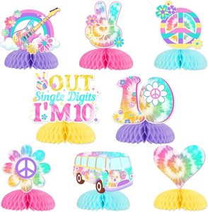 Décorations Tie Dye pour 10e anniversaire de filles, <span class=keywords><strong>8</strong></span> pièces, centres de table en nid d'abeille, thème arc-en-ciel rétro hippie, papier imperméable - Product Image 1