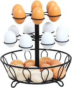 Cesta de ovos com 14 suportes e 2 camadas, estrutura em ferro forjado, cor preta, estantes revestidas em pó para casa e cozinha