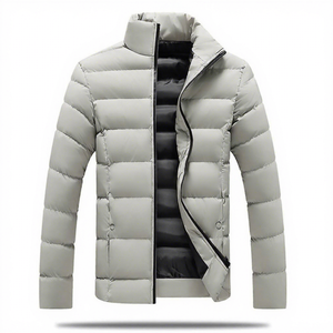 Men's <b>Light</b> Gray <b>Puffer</b> <b>Jacket</b> Stand Collar Zipper Closure Windproof Casual Winter Slim Fit Polyester Wadding Regular Length - Product Image 1