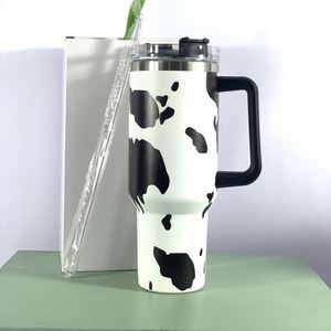 Stainless Steel 40 oz Vacuum Insulated Travel Mug Handle Lid Straw Cow Grain Print Tumbler Coffee Tea Beer Custom Logo Mixed - Product Image 1