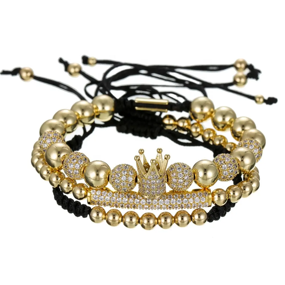 Nieuwe Aangekomen Hot Koop 3 Stks/set Luxe Mannen Vrouwen Micro Pave Cz Ball Crown Koperen Kraal Gevlochten Macrame Armbanden Hip hop Rock Bling