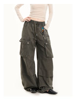 Pantalon cargo à jambes larges vert foncé délavé personnalisé, style hip-hop, taille à cordon de serrage, perles colorées, coupe ample, grandes poches, pantalon baril
