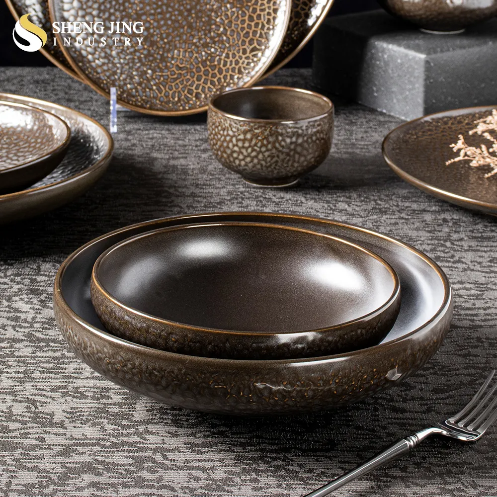 Perlengkapan makan keramik mangkuk buah sup nasi Jepang berkelanjutan peralatan makan coklat Kiln warna porselen gaya Nordic