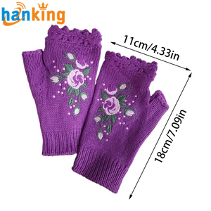 Guanti in maglia invernale <span class=keywords><strong>da</strong></span> <span class=keywords><strong>donna</strong></span> ricamati a mano guanti <span class=keywords><strong>senza</strong></span> <span class=keywords><strong>dita</strong></span> con fiori lavorati a maglia autunnali guanti <span class=keywords><strong>senza</strong></span> <span class=keywords><strong>dita</strong></span> in maglia di lana calda - Product Image 2