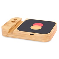 Cargador inalámbrico Light up Bamboo con juego de cables múltiples Almohadilla de carga inalámbrica de 15W con caja de almacenamiento de cables Teléfono y soporte para lápices