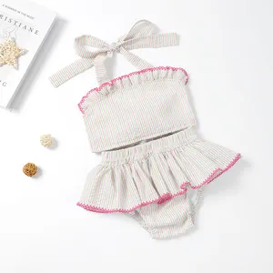 Großhandel Baby Kleinkind Badeanzug Kinder Monogramm Baumwolle Bikini Kinder gestreiften Seer sucker zweiteiligen Badeanzug