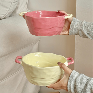 Bol à soupe en céramique à double oreille, style crème, grande capacité, pour usage domestique - Product Image 3