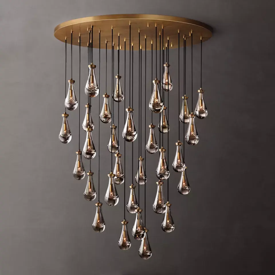 Luxury Modern Hotel Crystal Rustic Ceiling Lamp Rain Drop Pendant Lights Led Antique Brass Chandelier For Living Room