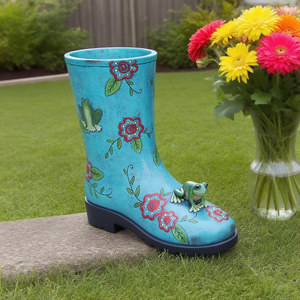 Maceta <span class=keywords><strong>de</strong></span> Resina Vintage Azul con Forma <span class=keywords><strong>de</strong></span> Bota, Florero Floral Estilo Shabby Chic, Escultura Única <span class=keywords><strong>de</strong></span> Rana para Patio, Jardín o Decoración <span class=keywords><strong>de</strong></span> Exteriores - Product Image 1
