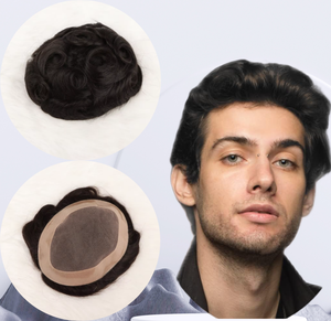 Prothèse capillaire pour <span class=keywords><strong>homme</strong></span> authentique noire 1b ondulée, légère, haute densité, résiliente, invisible, confortable, robuste, sans nœuds, base mono PU - Product Image 1
