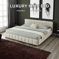 Cadre de lit King-Size de luxe moderne en bois massif + lattes + structure en lin, revêtement en tissu chenille doux, design en bois élégant pour chambre à coucher