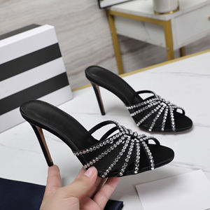 Mules de tacón alto con adornos de cristal negro, sandalias de tiras con pedrería y punta abierta, proveedor mayorista - Product Image 2