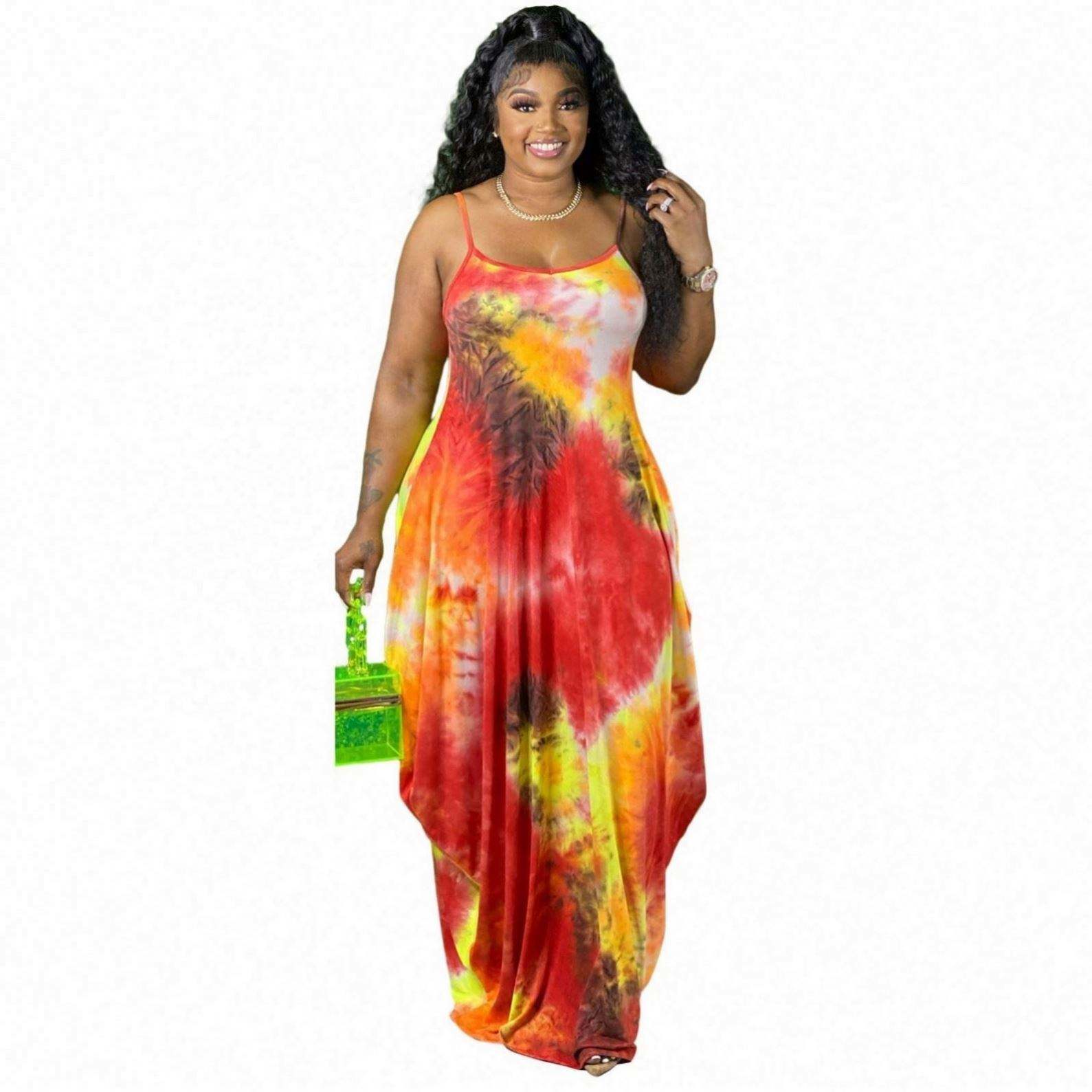 2025 New Women Summer Sexy Tie Dye Colorful Print Backless Dress Casual  Spaghetti Strap Plus Size Long Dresses