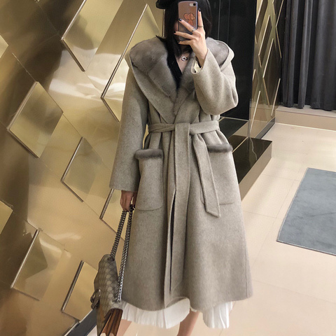 3701 Women Luxury Mink Fur Collar Belt Elegant Cashmere Trench Coat With Real Fur Collar