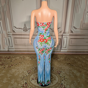 Novance Y5001 sıcak satış taklidi zarif uzun kadın abiye mavi askısız çiçek baskı lüks balo doğum günü elbise - Product Image 3