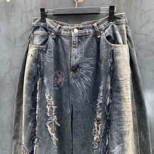 Custom High Quality Streetwear Jeans New Fashion Patchwork Color Block Embroidery Distressed Flare Baggy Denim Men's Jeans - Product Image 4