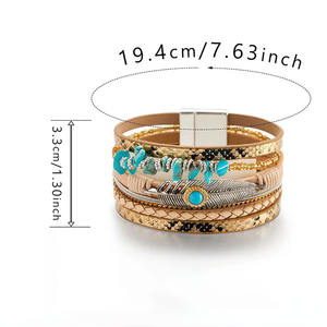 BOHO Gemstone Leaf Feather Multilayer <strong>Leather</strong> Bracelet with Magnetic Clasp Men Women Colorful Stone <strong>Leather</strong> Wrap Bracelets Gifts - Product Image 2