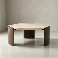 Table basse hexagonale moderne en travertin OAKEN, plateau en pierre naturelle, base en bois massif, table centrale, meubles de salon