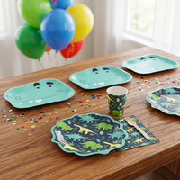 Ensemble de vaisselle jetable en papier biodégradable à thème animaux et dinosaures pour fête d'anniversaire d'enfants, comprenant des plateaux, des serviettes, des gobelets, des assiettes et des pailles, compatible micro-ondes