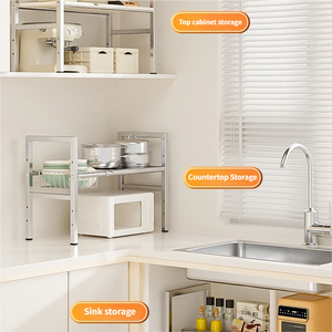 Étagère <span class=keywords><strong>de</strong></span> rangement pour évier réglable et extensible, simple/double niveau, <span class=keywords><strong>avec</strong></span> panneaux et paniers amovibles, en acier inoxydable, forte capacité <span class=keywords><strong>de</strong></span> charge - Product Image 5