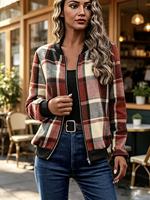 Veste bomber à carreaux de haute qualité pour femmes, fermeture éclair, manches longues, col baseball, tissu polyester, vêtements d'extérieur décontractés pour l'automne