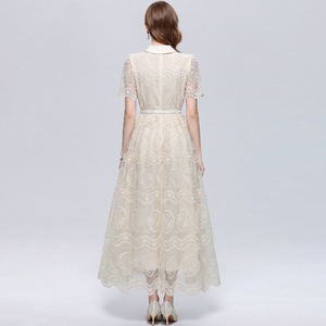 Collared Embroidered Lace <b>Dress</b> A-Line <b>High</b> <b>Waist</b> Short Sleeve Long <b>Dress</b> Apricot Smlxl2xl Europe America Southeast Asia Casual - Product Image 4