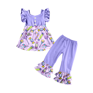 Conjunto de 2 Piezas para Niñas Milk Silk, Blusa con Mangas con Volantes + Pantalones Acampanados con Doble Volante - Product Image 5