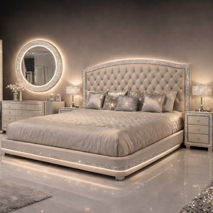 ชุดเฟอร์นิเจอร์ห้องนอนหรูหราสไตล์ยุโรป ผ้าหุ้มเตียงแบบทัฟท์ พร้อมไฟ LED ตู้เสื้อผ้าบานกระจก โต๊ะข้างเตียง ดีไซน์ทันสมัย เหมาะสำหรับโรงแรม/วิลล่า พร้อมพื้นที่จัดเก็บ - Product Image 2