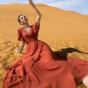 नई आगमन डबल परत शिफॉन मैक्सी पोशाक महिलाओं ठाठ हीरा Beading के वी गर्दन व्याकुल आस्तीन बज स्विंग दुबई मोरक्को कपड़े
