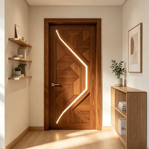 High-End Walnut <b>Veneer</b> Entry Door with Unique LED Light Strip & Geometric Carving - Product Image 4