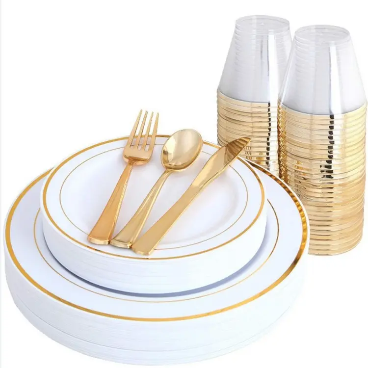 Plástico desechable oro tenedor cuchillo cuchara platos suministros para fiestas kits cubiertos cuchara de plástico y tenedor vajilla desechable