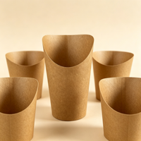 Contenant en papier kraft personnalisé en gros, en forme de U, à ouverture frontale, jetable, pour frites coniques, avec rebord de préhension, pour la restauration rapide
