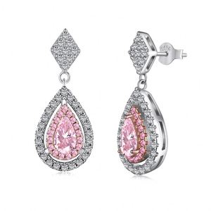 Dylam Women 925 Sterling <b>Silver</b> Rhodium Plated 5A Cubic Zirconia Pink Diamond Waterdrop Shape Dangle <b>Stud</b> <b>Earrings</b> - Product Image 1