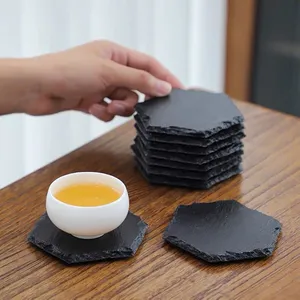 Persegi kosong hitam potongan tipis slate minuman coaster set usa batu penyerap datar oval bulat 4x4 10x10 grosir dengan pemegang