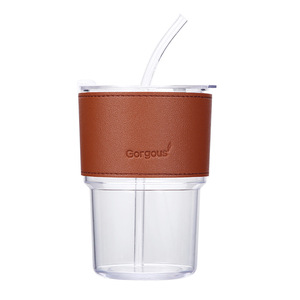 Water Cup With Straw Leather Sleeve Transparent Brown Travel Mug For Coffee Adults Portable Drinkware - Product Image 2