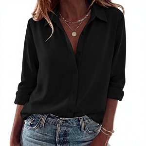 Blusas Femininas Zeagoo Casuais Elegantes de Manga Longa com Botões e Gola, Tops de Verão em Tecido Liso China - Product Image 1