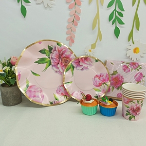 DAMAI Spring Tea Party Decor Supplies Flower Theme Party Pink Peony Wave Edge Paper Plates <b>Disposable</b> Set Cups Napkins Sets - Product Image 1